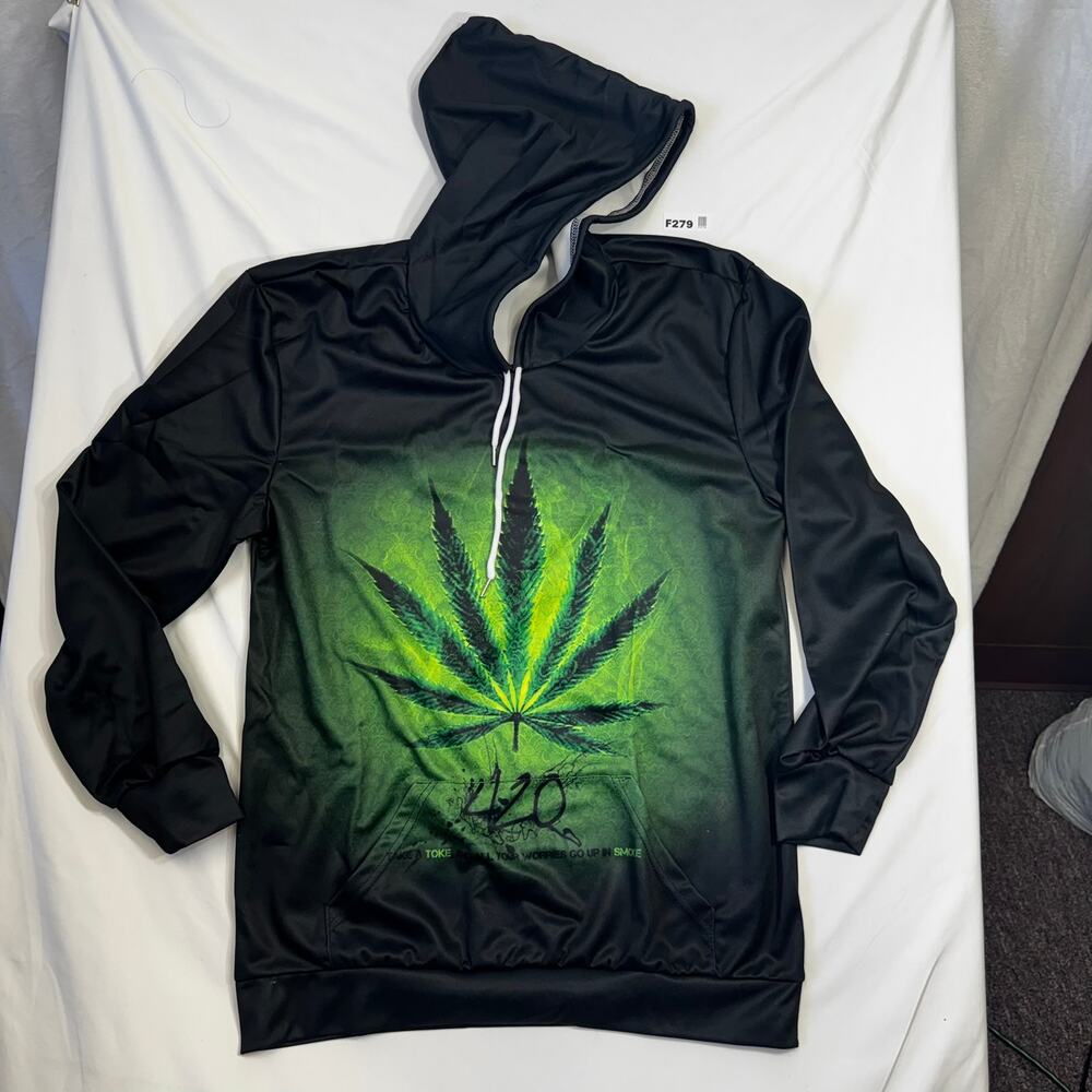 New Men's Graphic Leaf Pullover Hoodie Black Green Unisex Size L